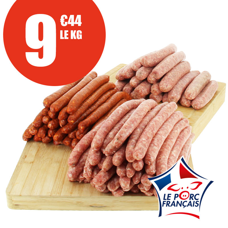 Colis 3kg de chipolatas de porc, 3kg de merguez de porc et 3kg de saucisses de porc Le Porc Français