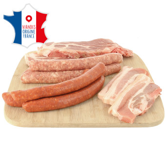 Assortiment 4 chipolatas, 4 merguez, 3 côtes de porc échine, 3 tranches de poitrine de porc, Le Porc Français