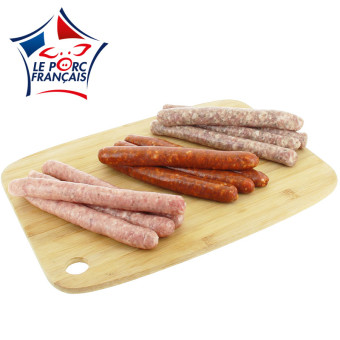 Assortiment 4 chipolatas, 4 chipolatas aux herbes et 4 merguez pur porc Le Porc Français – vue côté