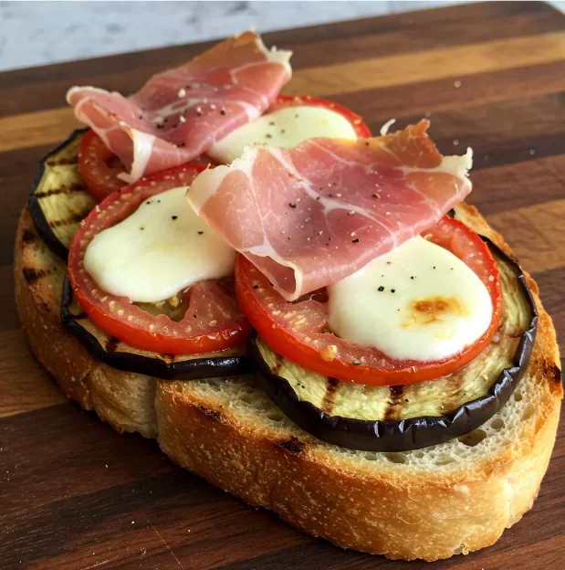 Bruschettas Aubergines, Tomates et Jambon Sec