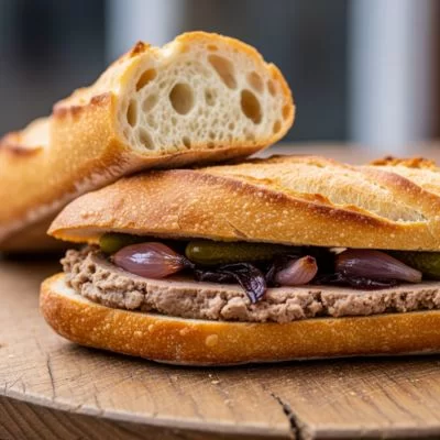 Sandwich au pâté de campagne, cornichons et échalotes confites