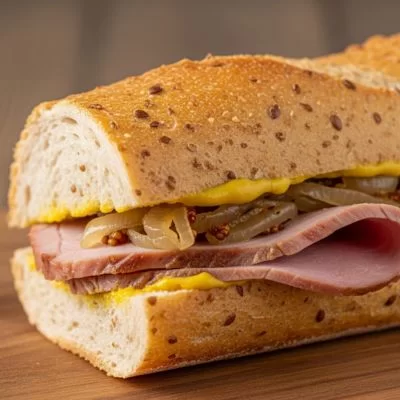 Sandwich rôti de porc, moutarde et oignons caramélisés