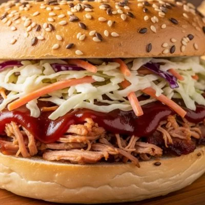 Buns à l'effiloché de porc, sauce barbecue et coleslaw