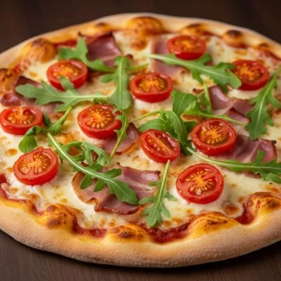 Pizza à la pancetta, tomates cerises et roquette