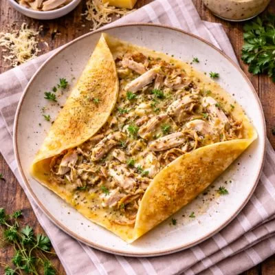 Crêpe salée poulet, gruyère et crème moutardée