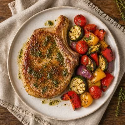 Côte de porc première marinée chimichurri & légumes méditerranéens